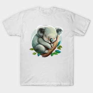 A sleeping koala on a branch with leaves T-Shirt